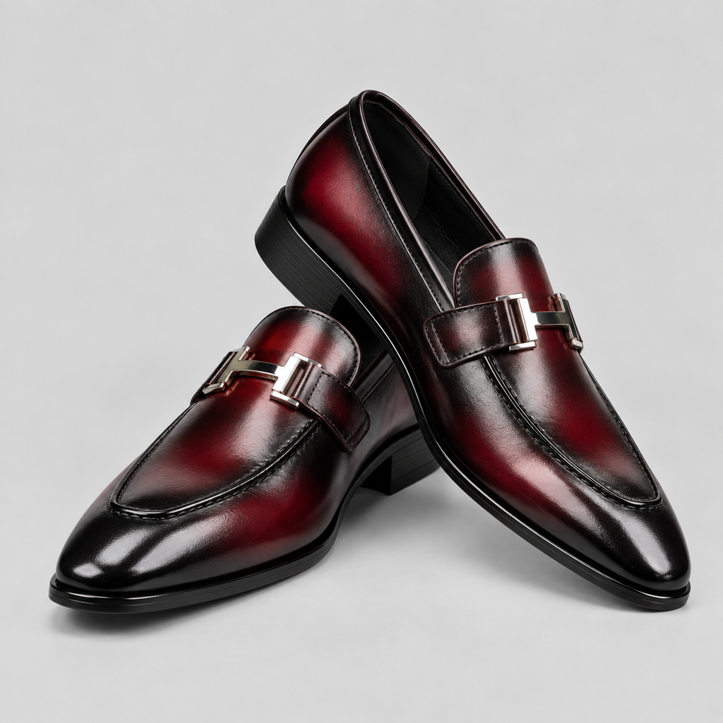 Men's Burgundy & Black Burnished Leather Horsebit Loafers
