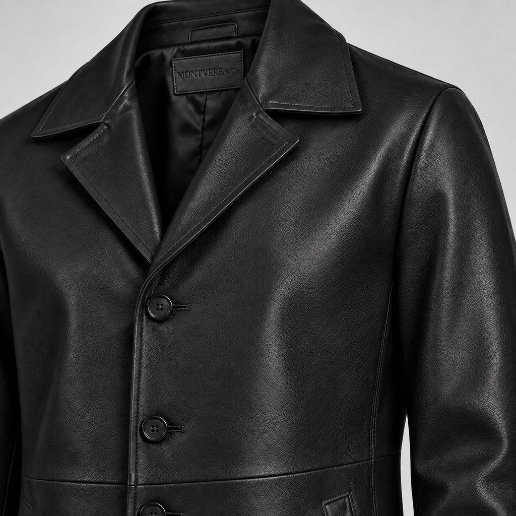 Men’s Black Leather Longline Car Coat Tailored Button-Front