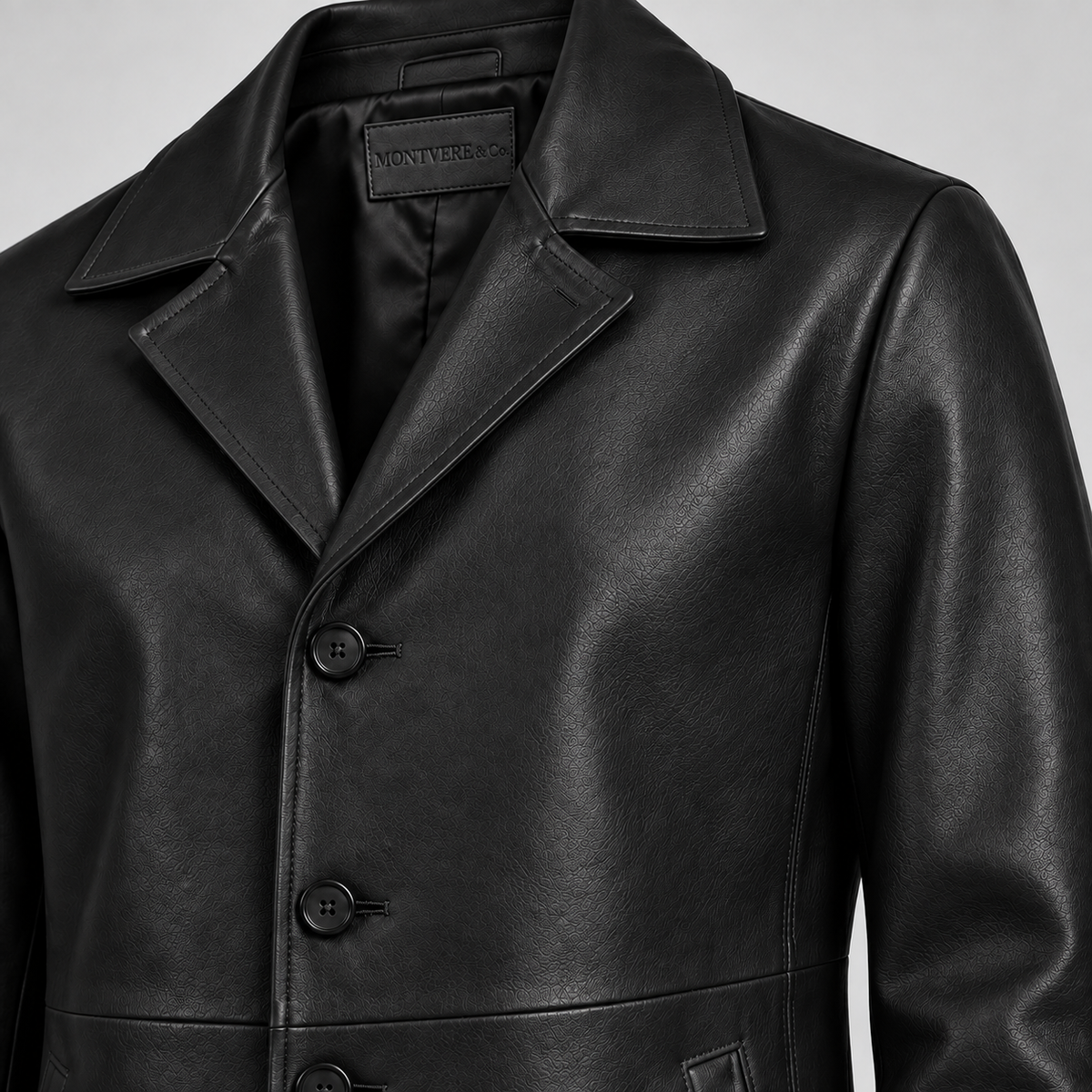 Men’s Black Leather Longline Car Coat Tailored Button-Front