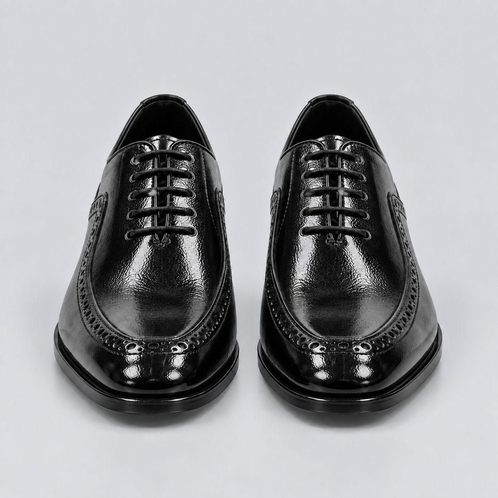 Men’s Black Glossy Leather Brogue Wingtip Oxford Shoes
