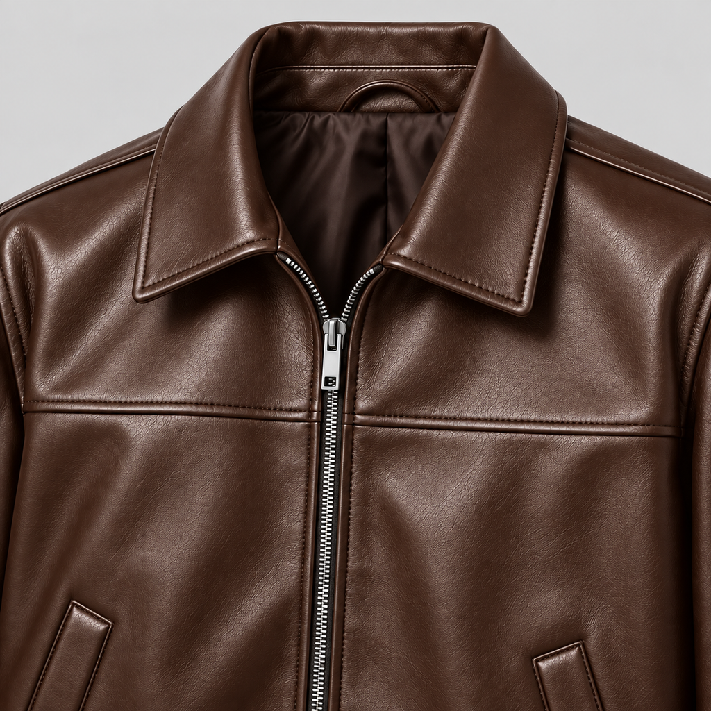 Men’s Brown Leather Blouson Jacket  Classic Zip-Front Bomber