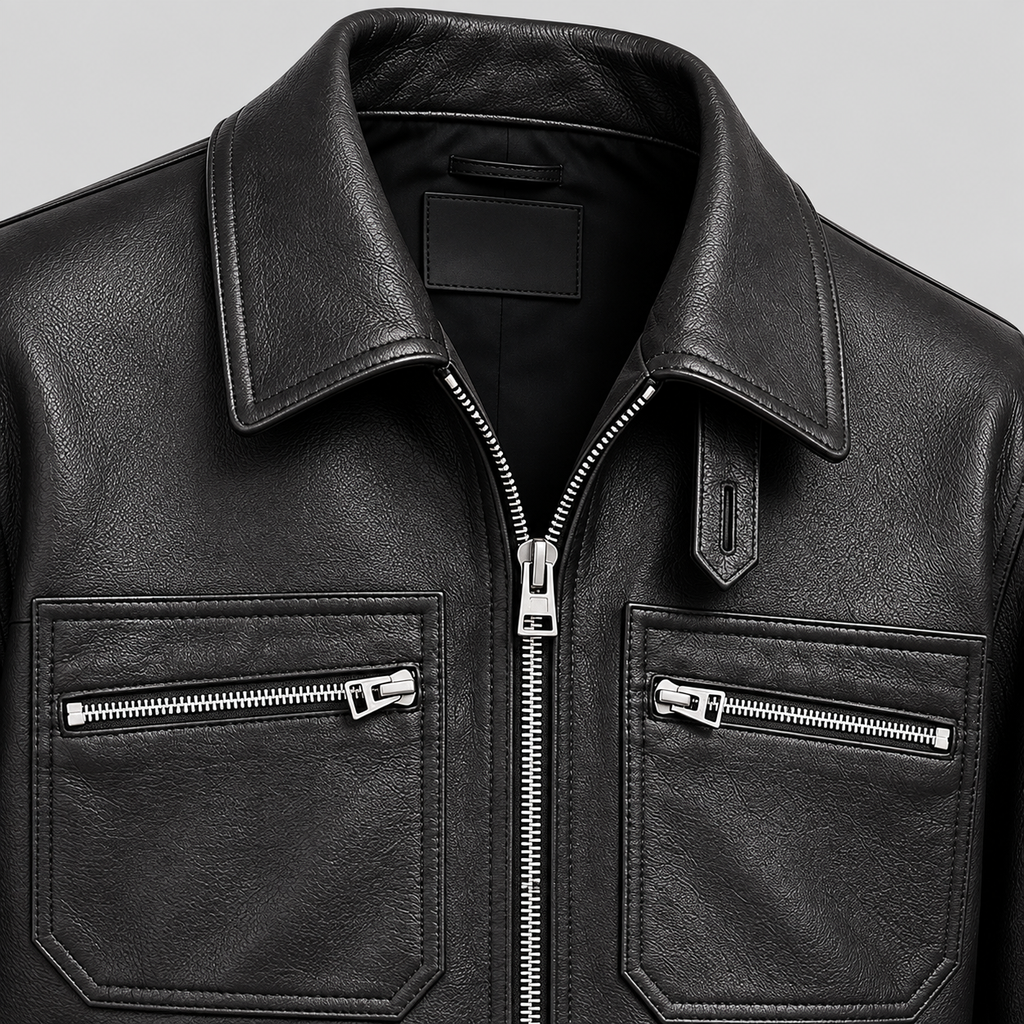 Men’s Black Leather Field Jacket Smart Casual Zip-Up Coat