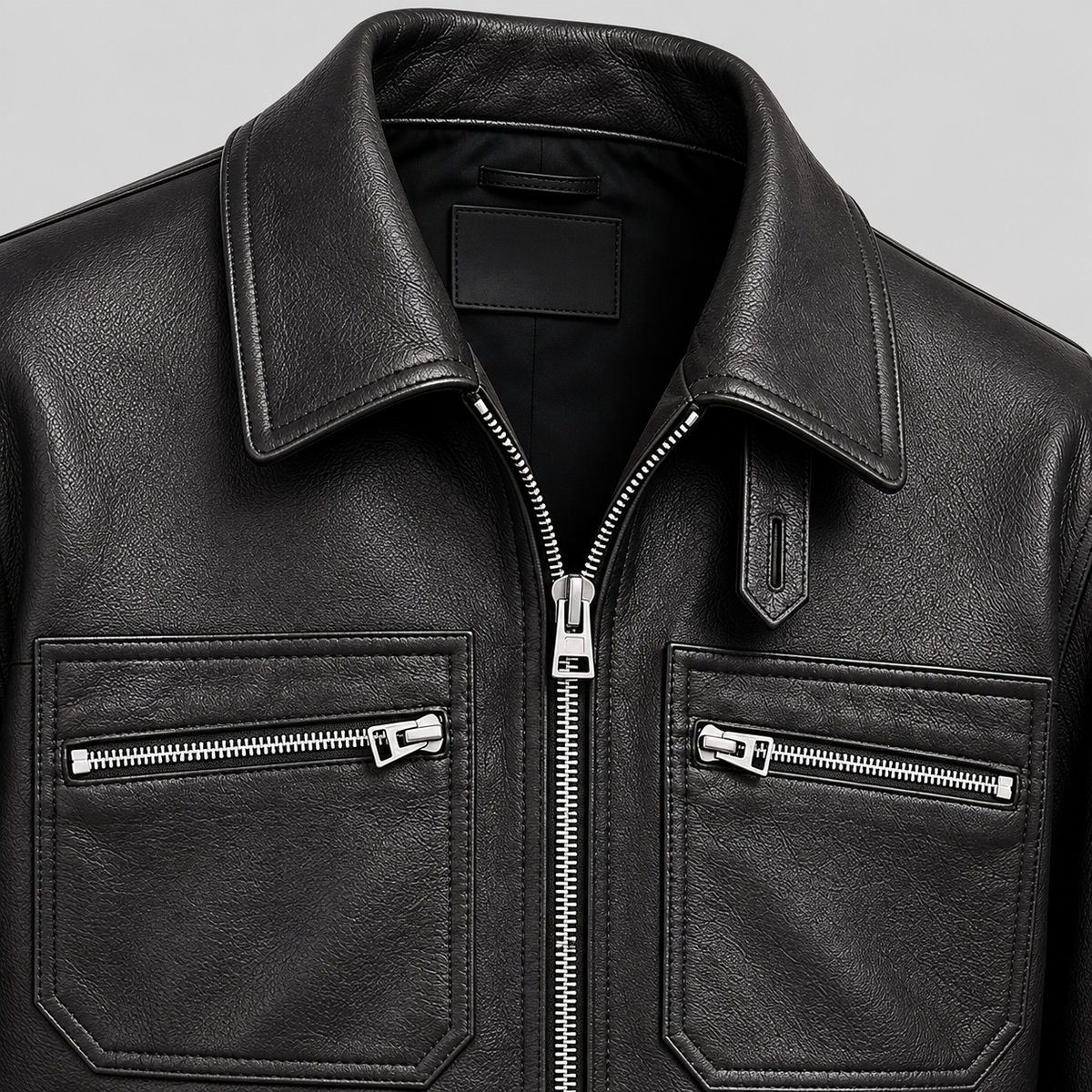 Men’s Black Leather Field Jacket Smart Casual Zip-Up Coat