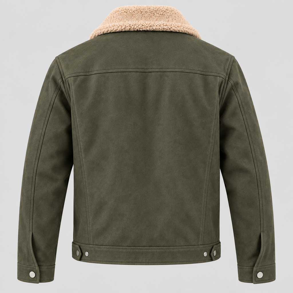 Men’s Olive Green Suede-Style Sherpa Collar Jacket Zip-Up Trucker Jacket