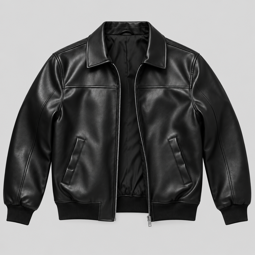 Men’s Black Leather Blouson Jacket Classic Zip-Front Bomber