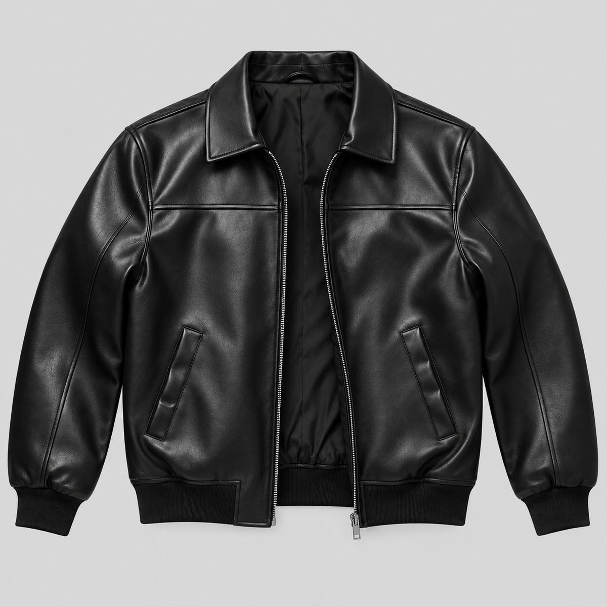 Men’s Black Leather Blouson Jacket Classic Zip-Front Bomber