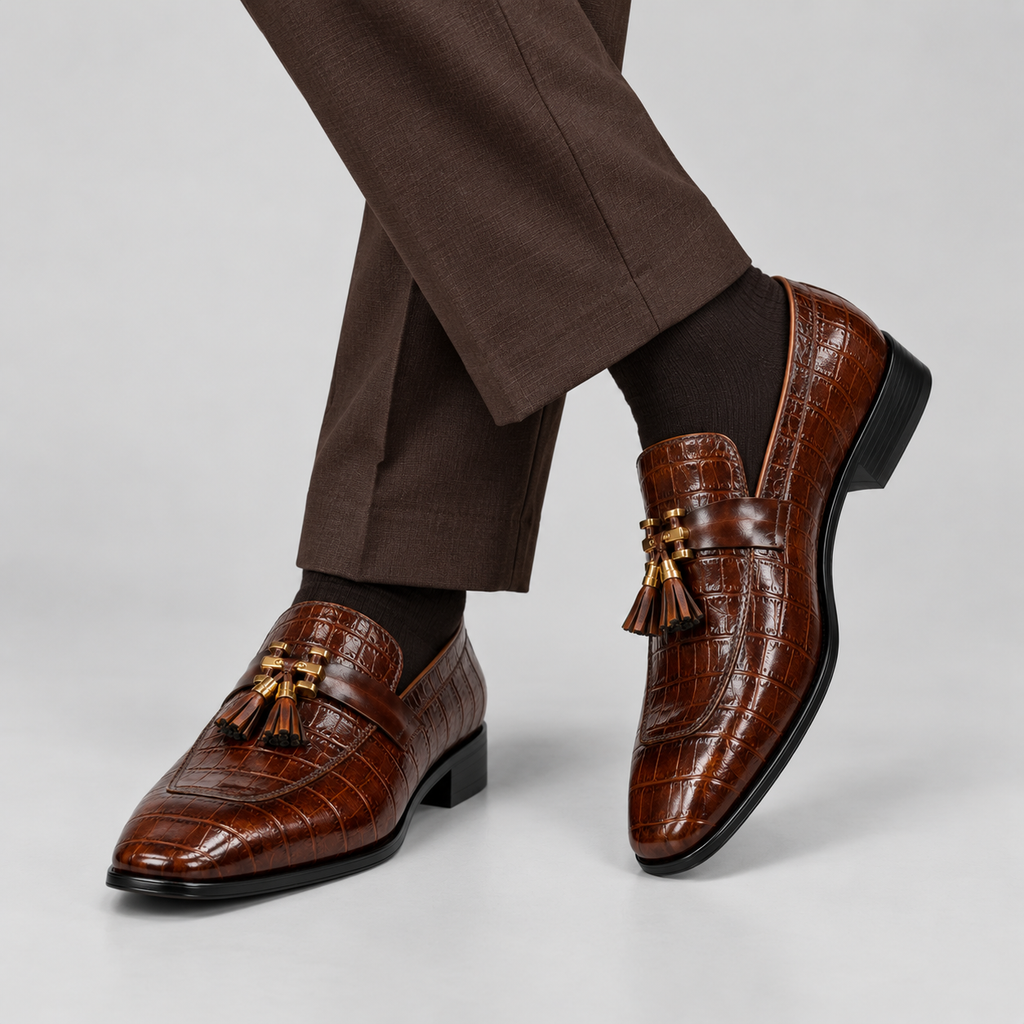Classic  Brown Alligator Texture Tassel Loafers