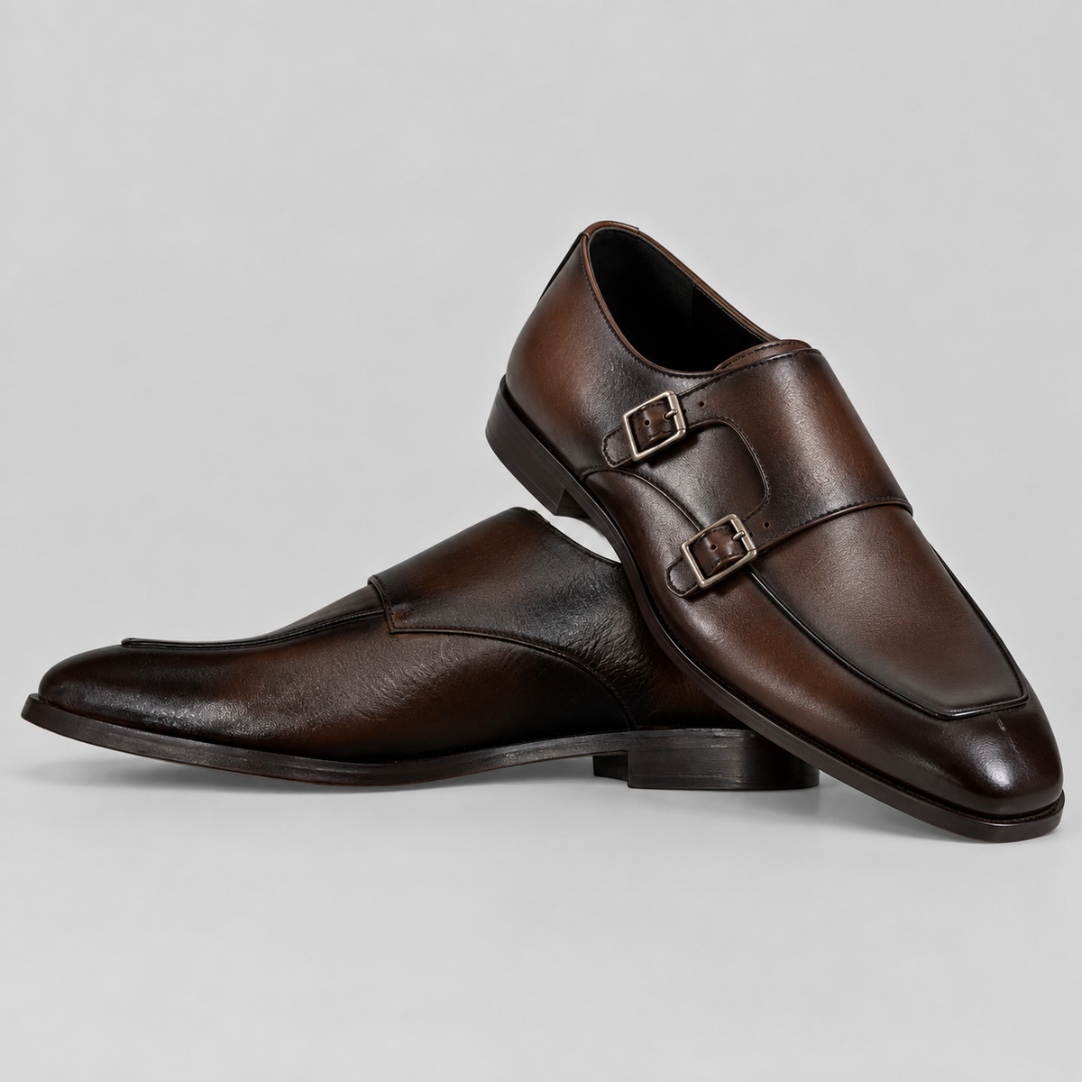 Classic Men's Dark Brown Leather Italian Toe Double Monk Strap