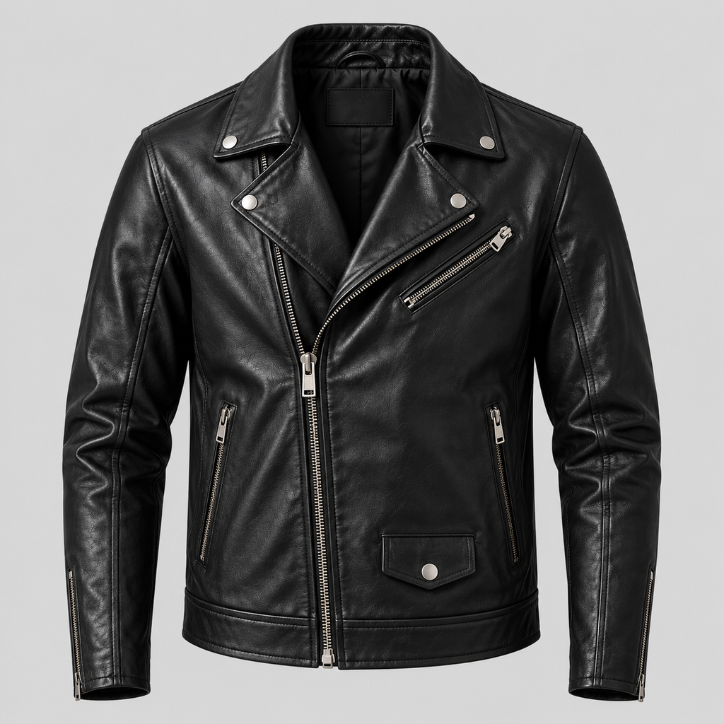 Men’s Black Leather Biker Jacket Slim Fit Zip-Up Moto Jacket