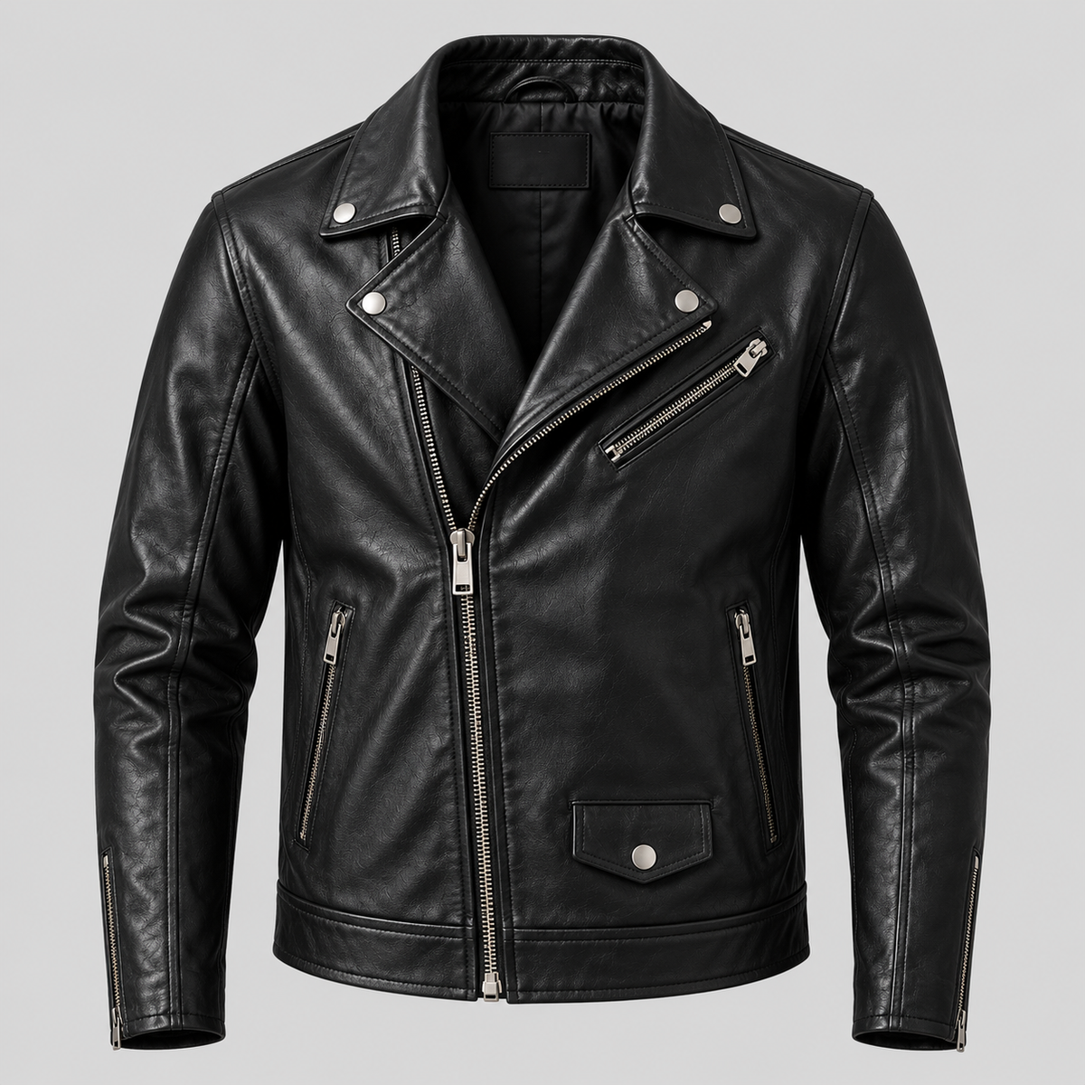 Men’s Black Leather Biker Jacket Slim Fit Zip-Up Moto Jacket