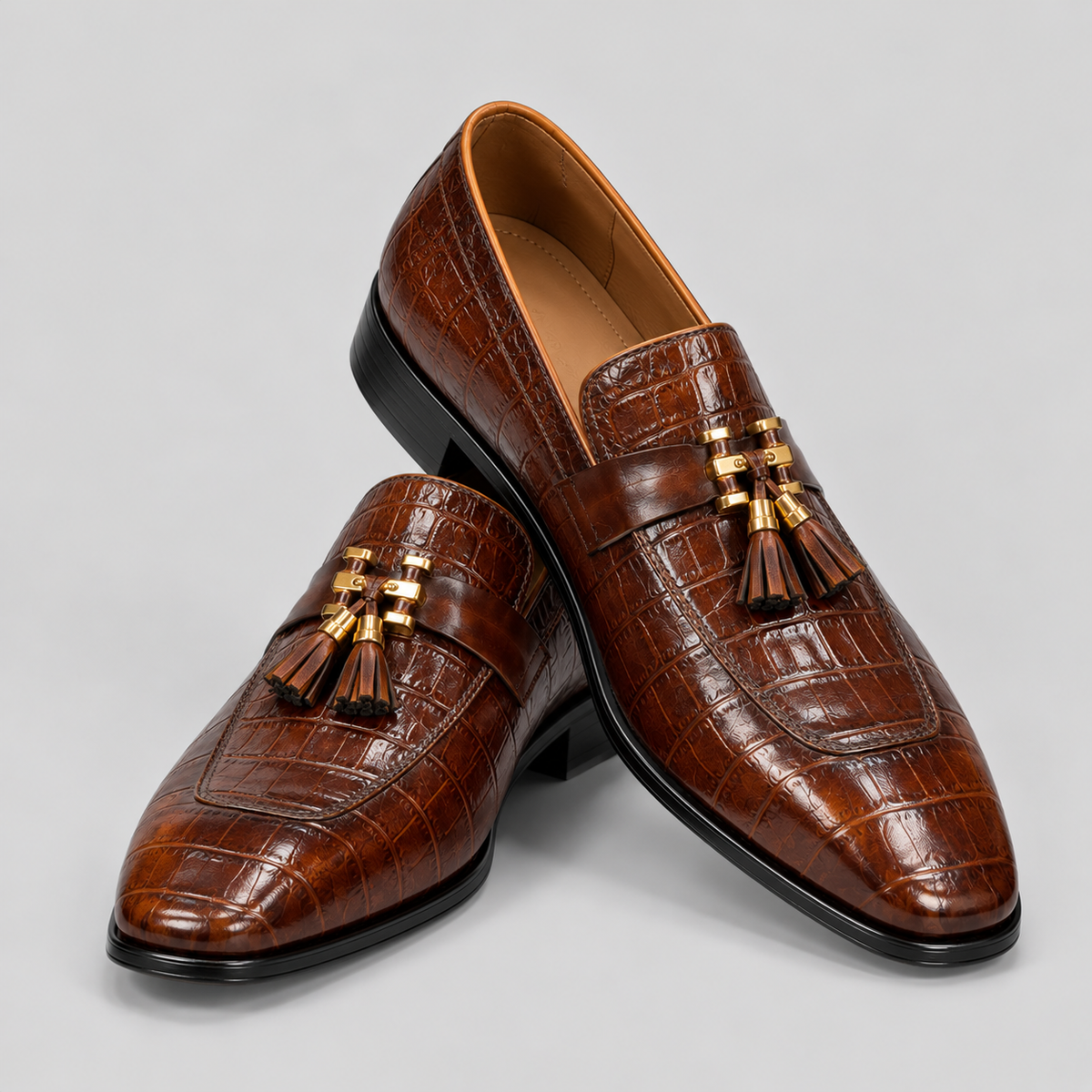 Classic  Brown Alligator Texture Tassel Loafers