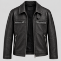 Men’s Black Leather Field Jacket Smart Casual Zip-Up Coat