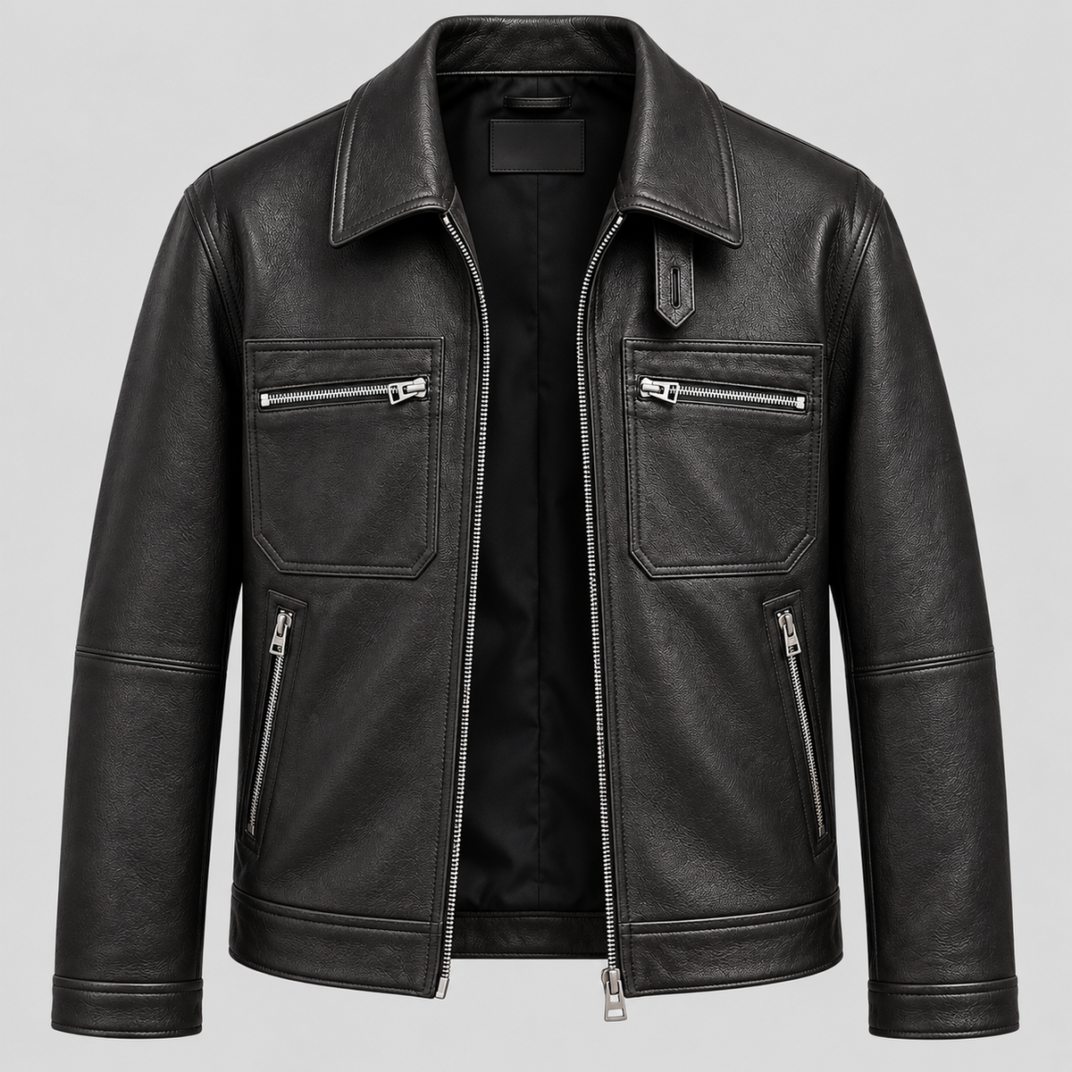 Men’s Black Leather Field Jacket Smart Casual Zip-Up Coat