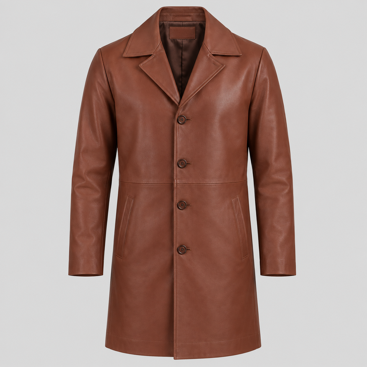 Men’s Brown Leather Longline Car Coat Tailored Button-Front