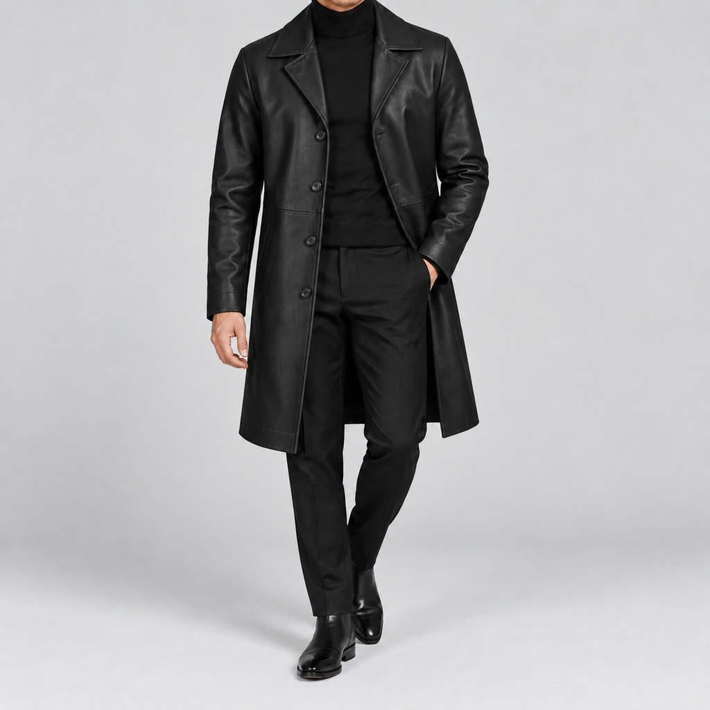 Men’s Black Leather Longline Car Coat Tailored Button-Front