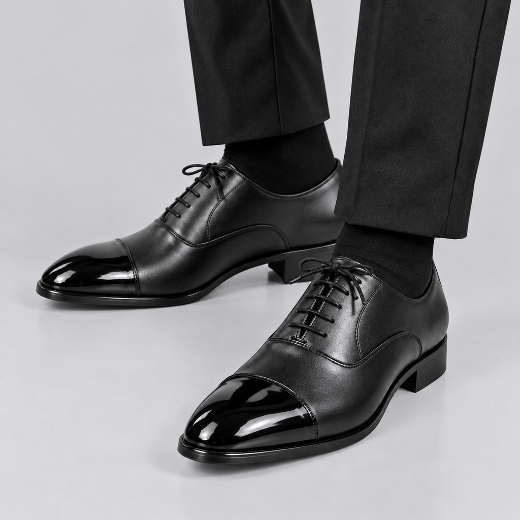 Men’s Black Genuine Leather Cap-Toe Dress Shoes
