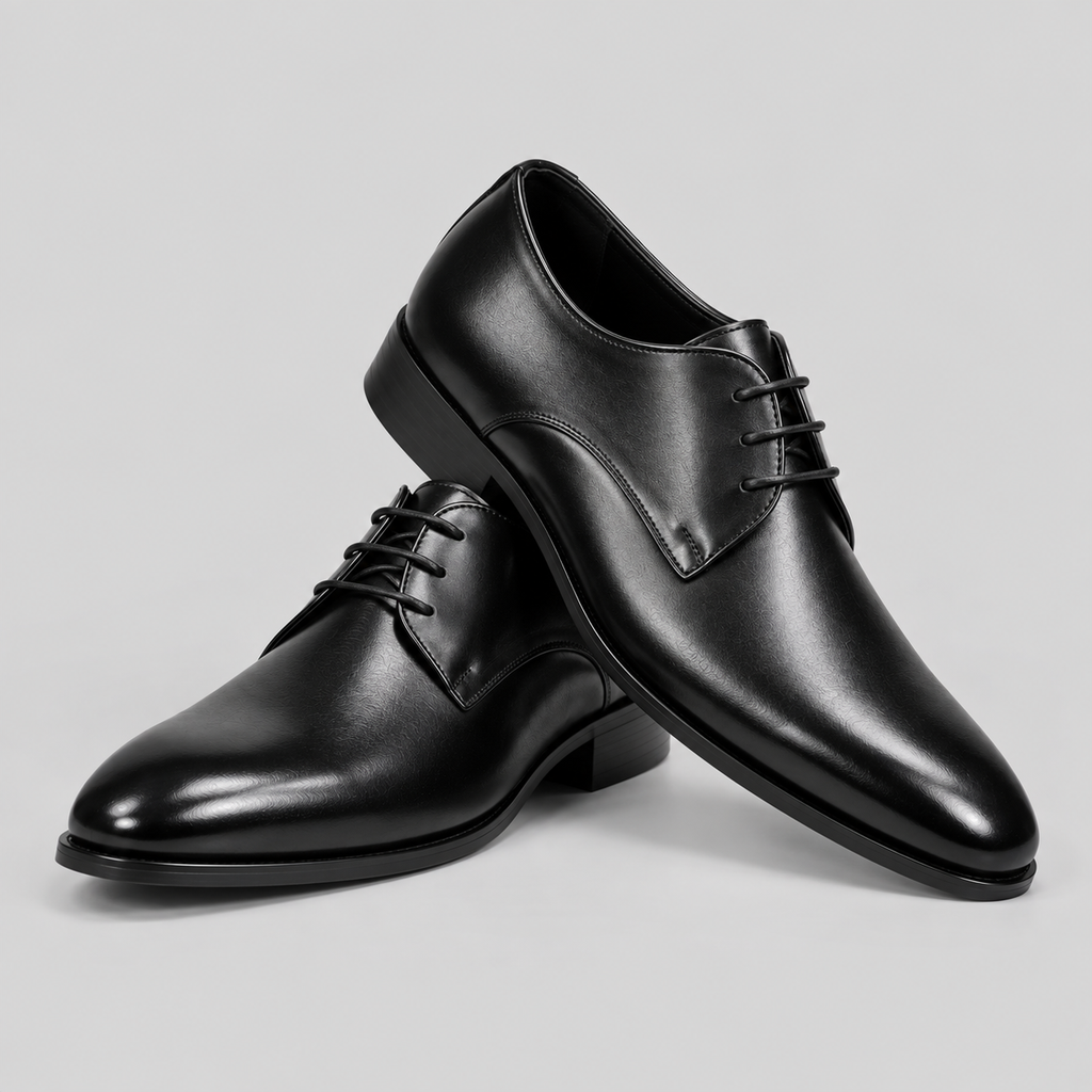 Men’s Classic Black Leather Plain-Toe Derby Dress Shoes